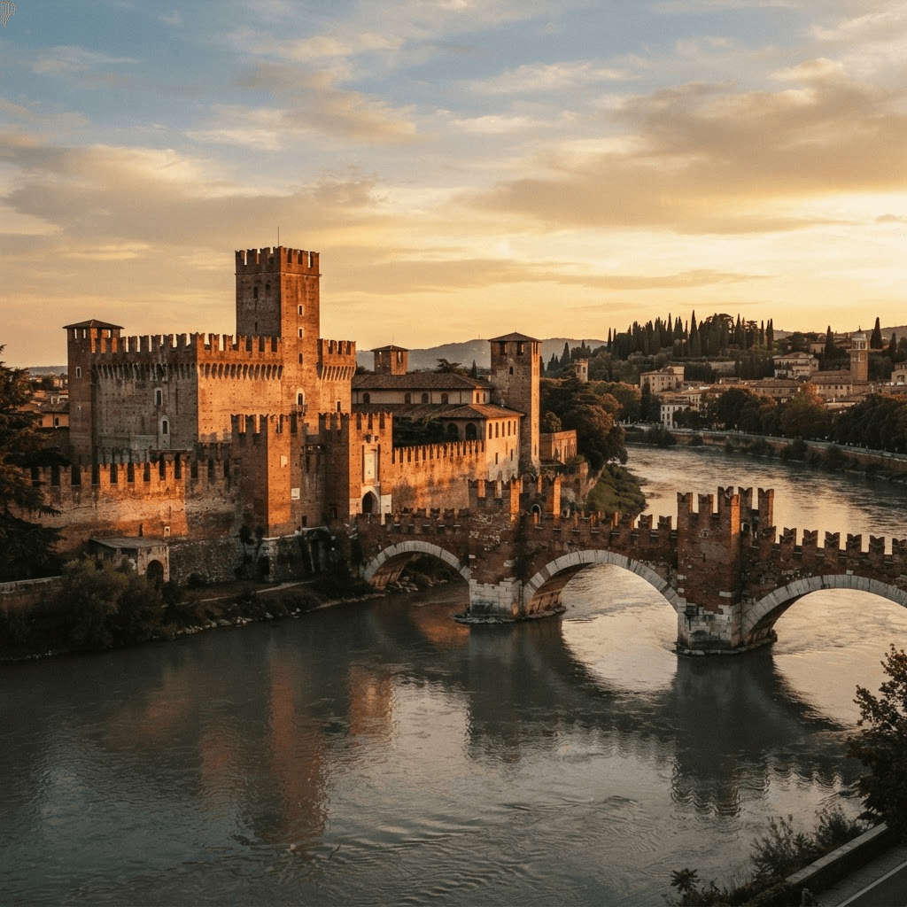 OperaAtlas editorial imagery — a medieval red-brick castle museum and bridge over the river