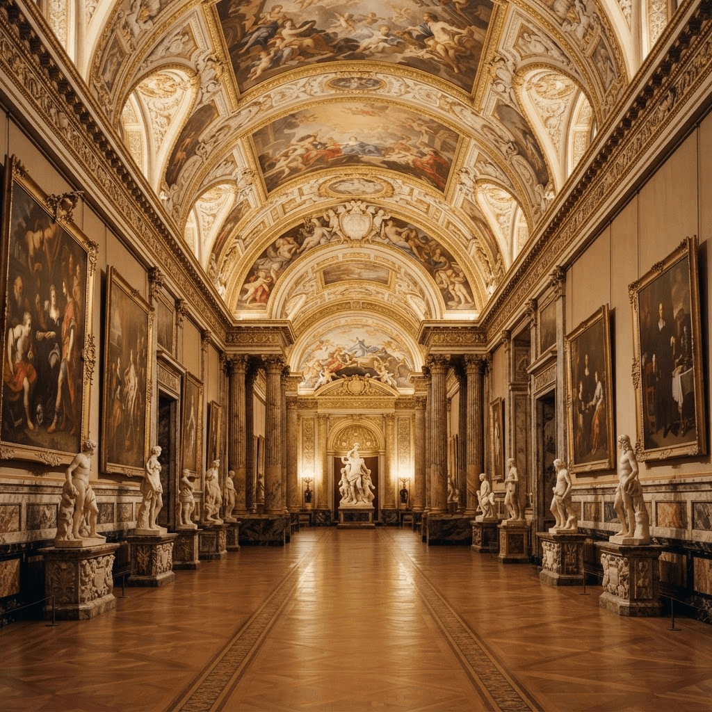 OperaAtlas editorial imagery — an opulent baroque art museum interior with a frescoed ceiling