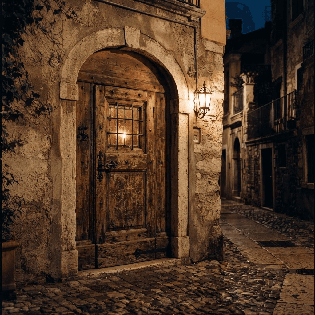 Opera Atlas editorial imagery — a warm, characterful doorway on an old Verona street