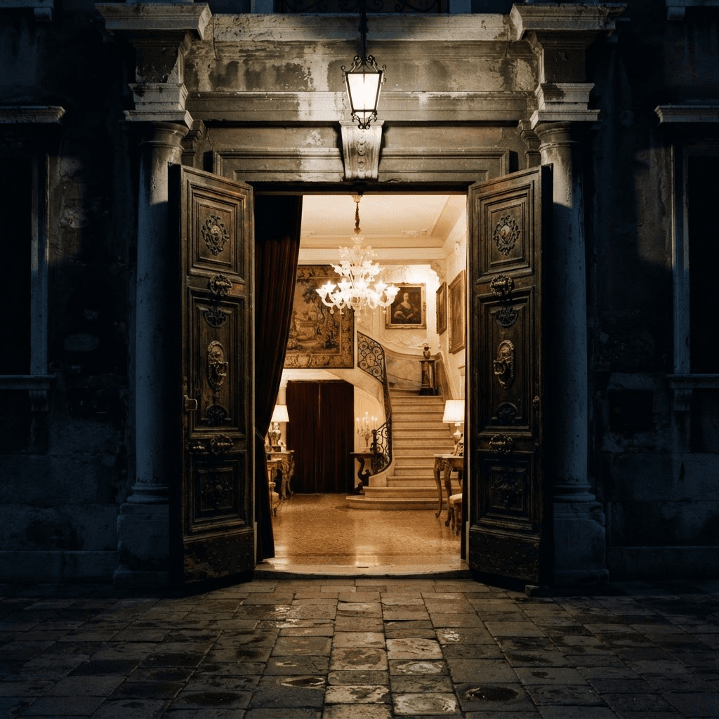 Opera Atlas editorial imagery — a grand private palazzo threshold opening at night