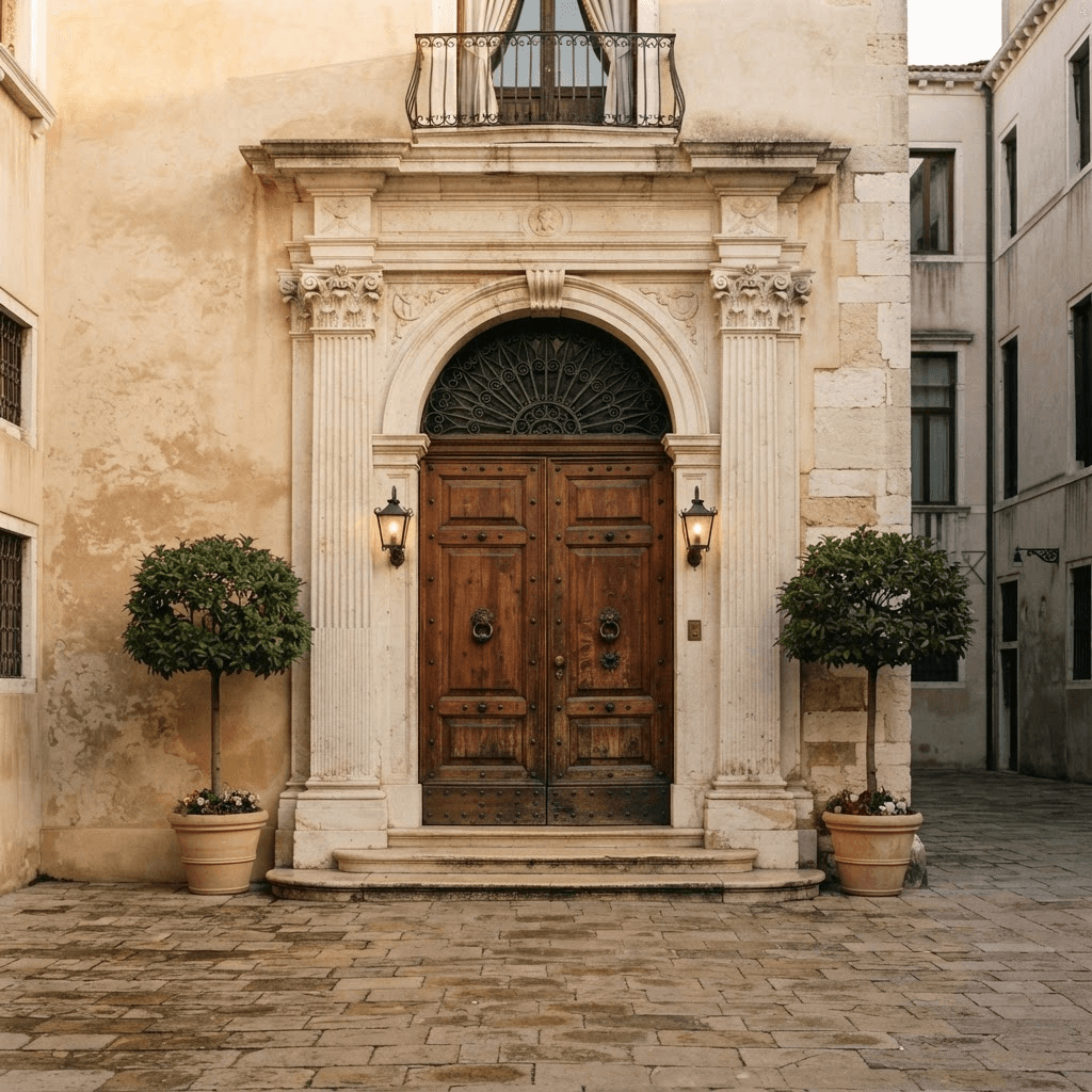 Opera Atlas editorial imagery — an elegant palazzo doorway in soft symmetrical light
