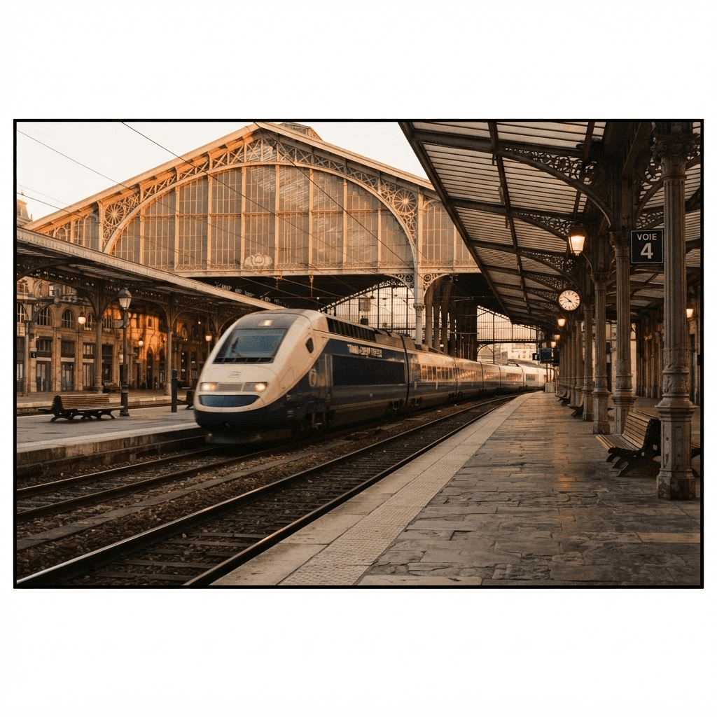 OperaAtlas editorial imagery — an elegant historic European railway platform at golden hour