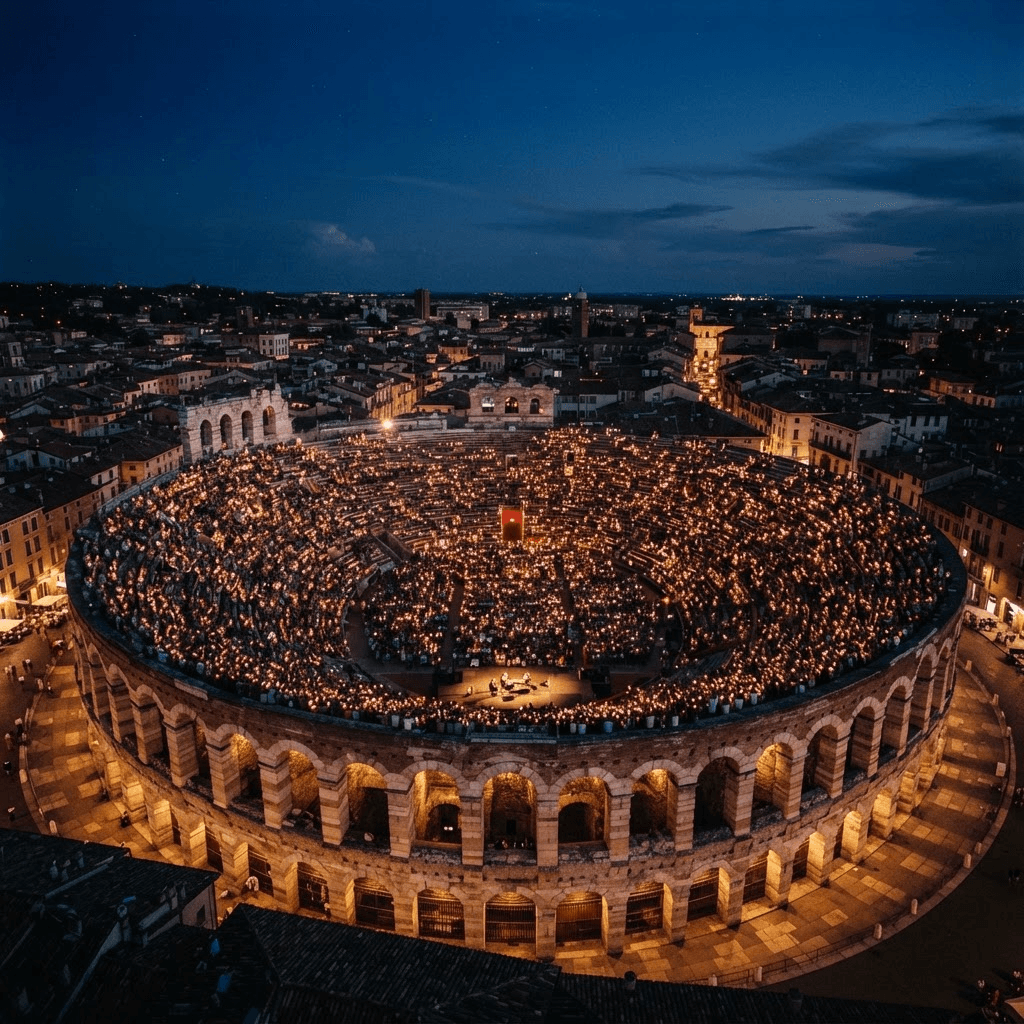 OperaAtlas editorial imagery — the Arena di Verona filled with candlelight beneath a twilight sky