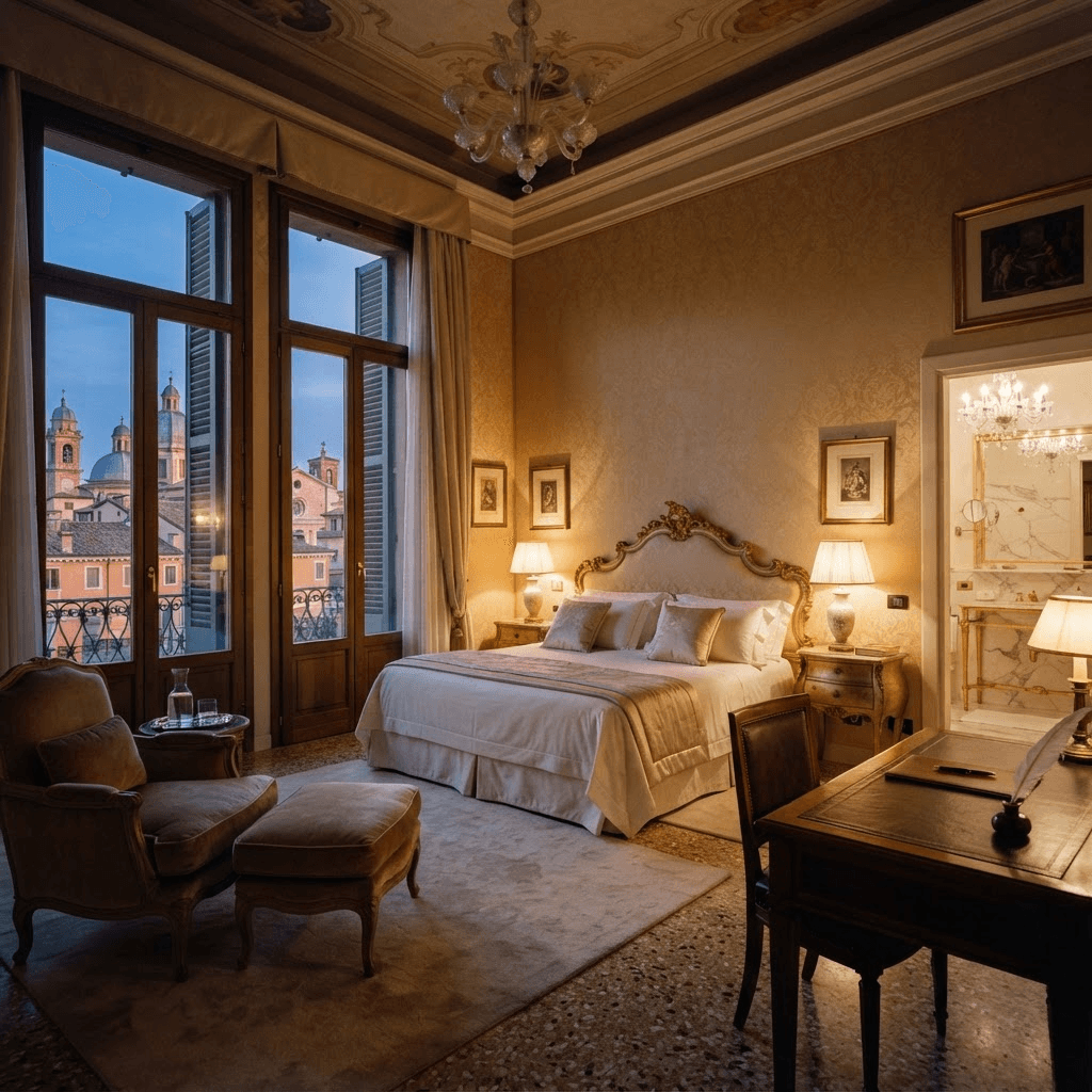 OperaAtlas editorial imagery — an elegant classic hotel room in a historic Verona palazzo