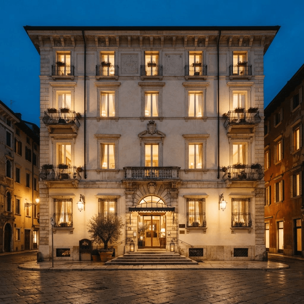 OperaAtlas editorial imagery — a stately historic hotel facade in central Verona at dusk