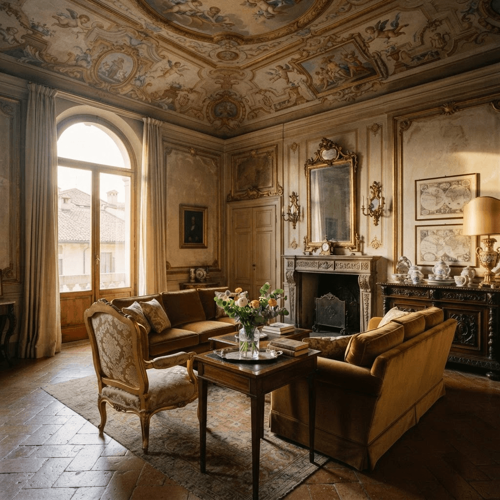 OperaAtlas editorial imagery — an intimate boutique palazzo sitting room with a frescoed ceiling