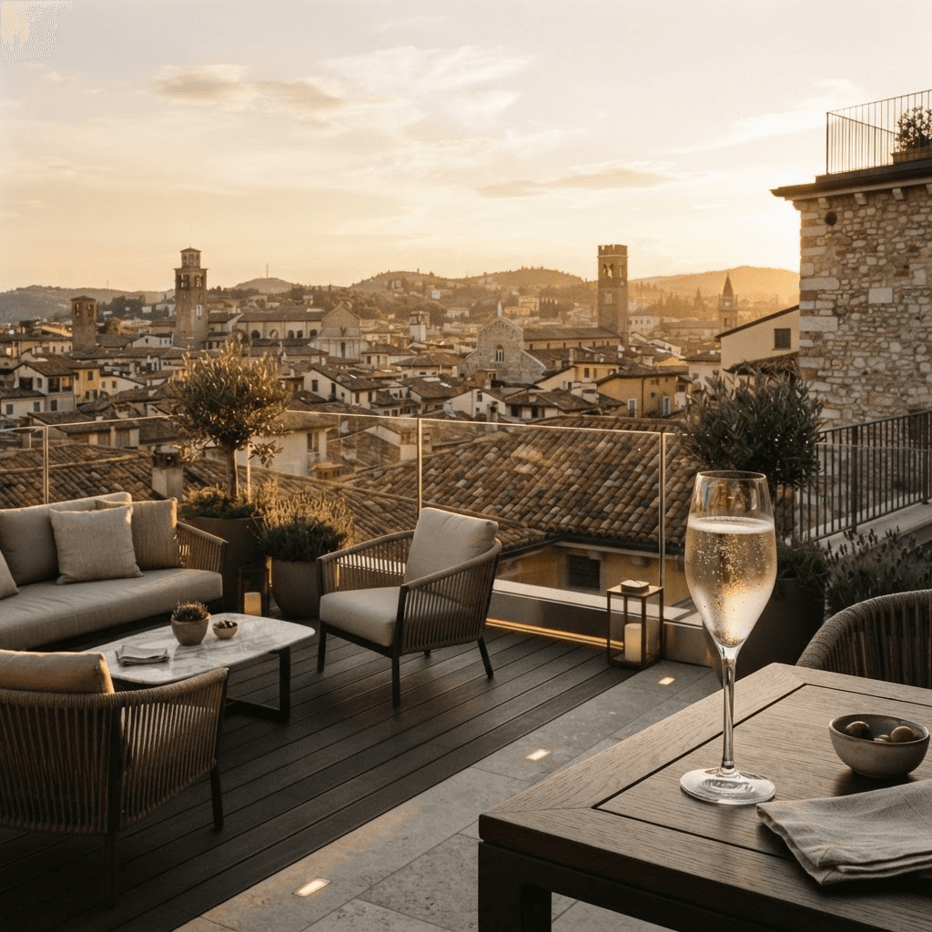 OperaAtlas editorial imagery — a contemporary hotel rooftop terrace over Verona at golden hour