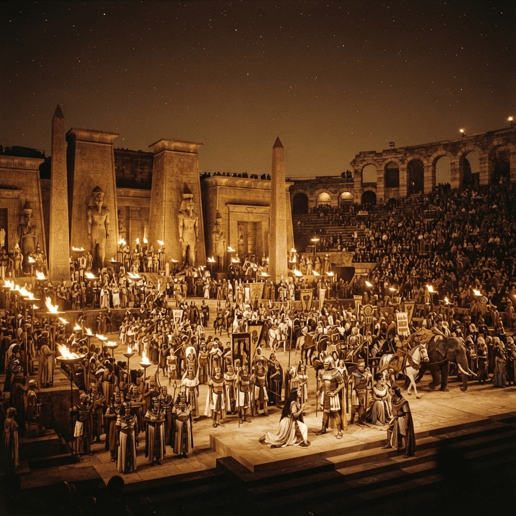 OperaAtlas editorial imagery — monumental Egyptian temple staging in golden torchlight
