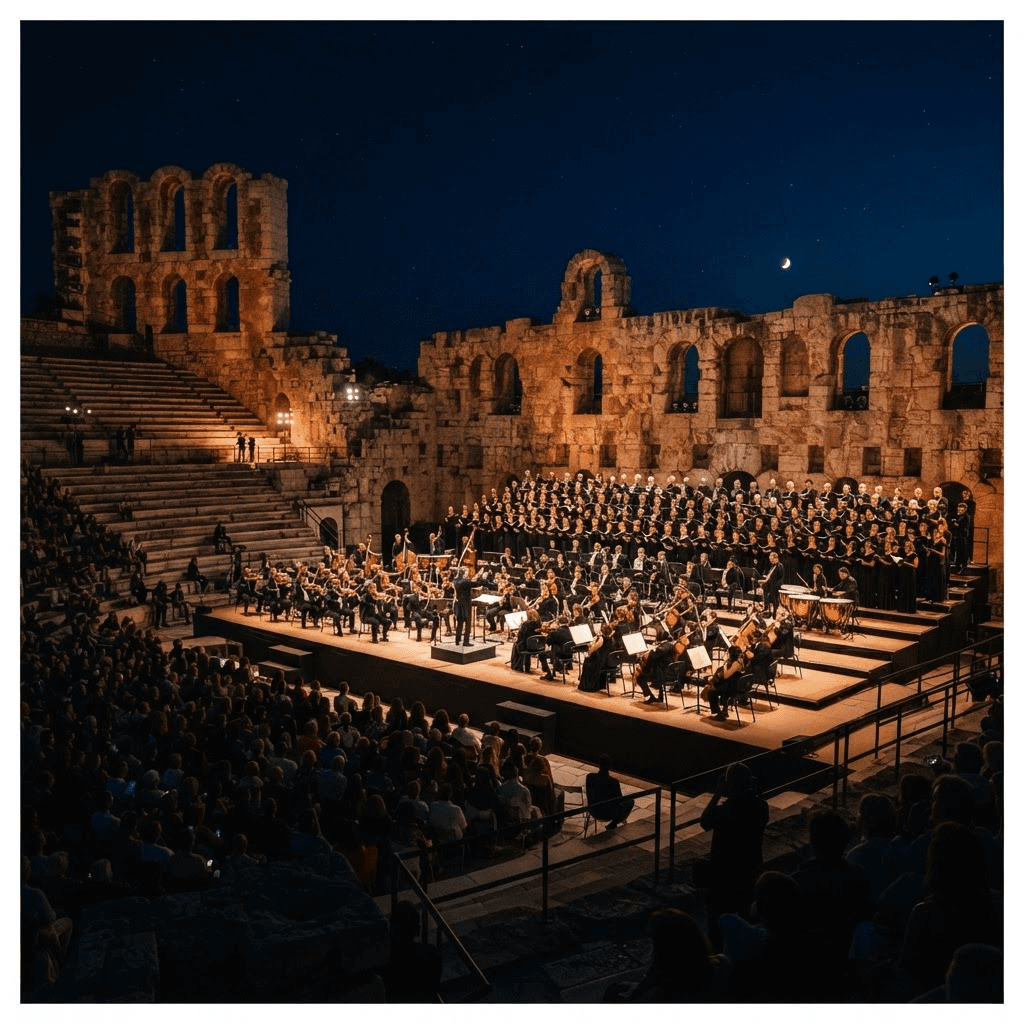OperaAtlas editorial imagery — a full orchestra and choir under warm light in an open-air amphitheatre