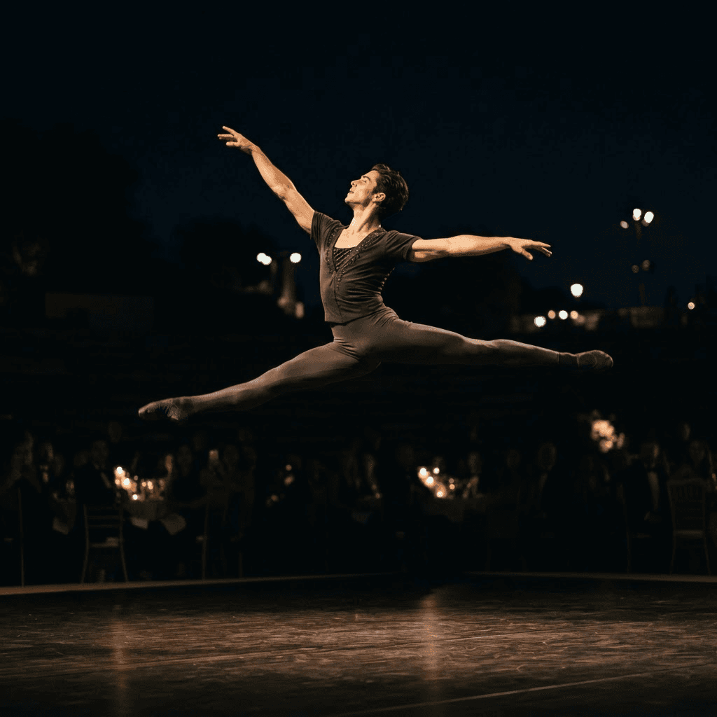 OperaAtlas editorial imagery — a solo ballet dancer mid-leap in a dramatic spotlight