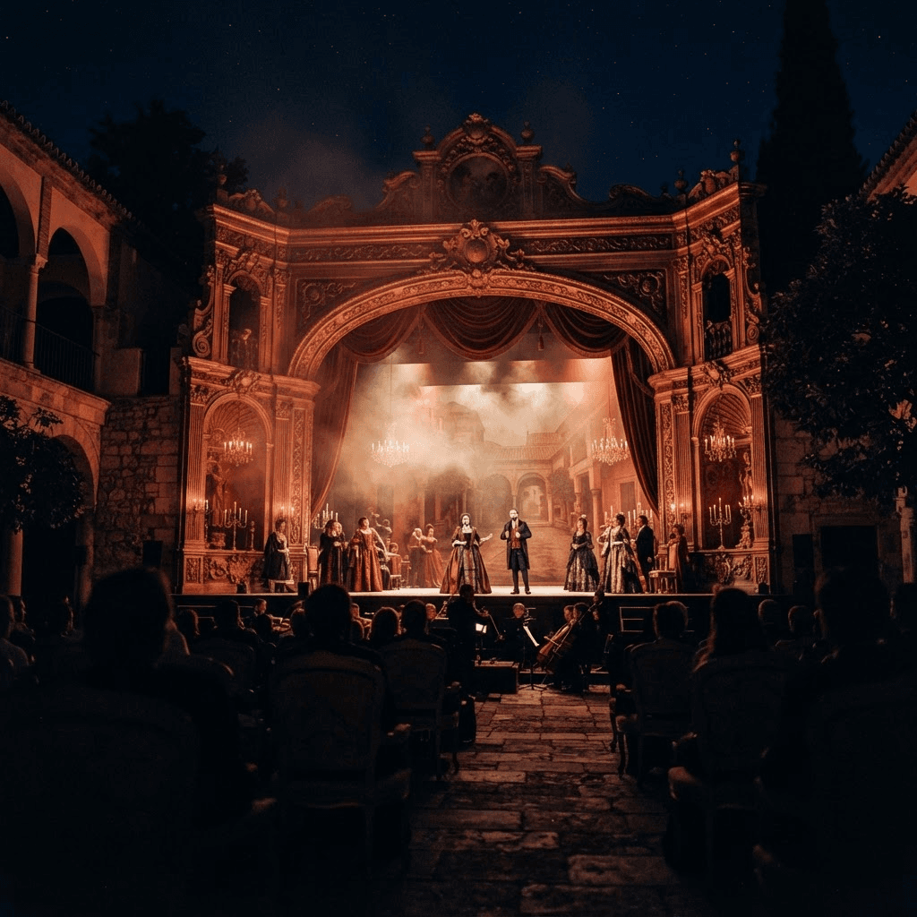 OperaAtlas editorial imagery — a grand outdoor stage in warm red and gold light