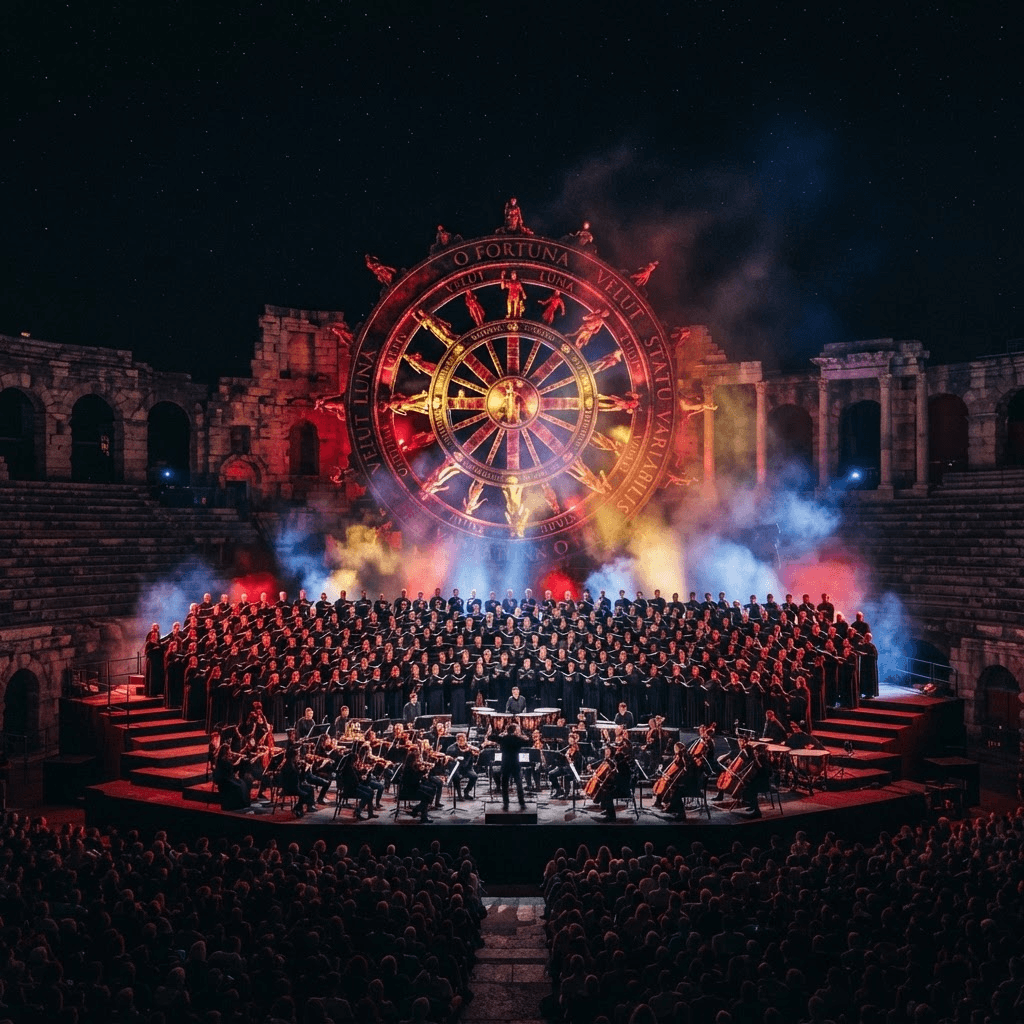 OperaAtlas editorial imagery — a massed choir and orchestra in crimson and gold under epic lighting