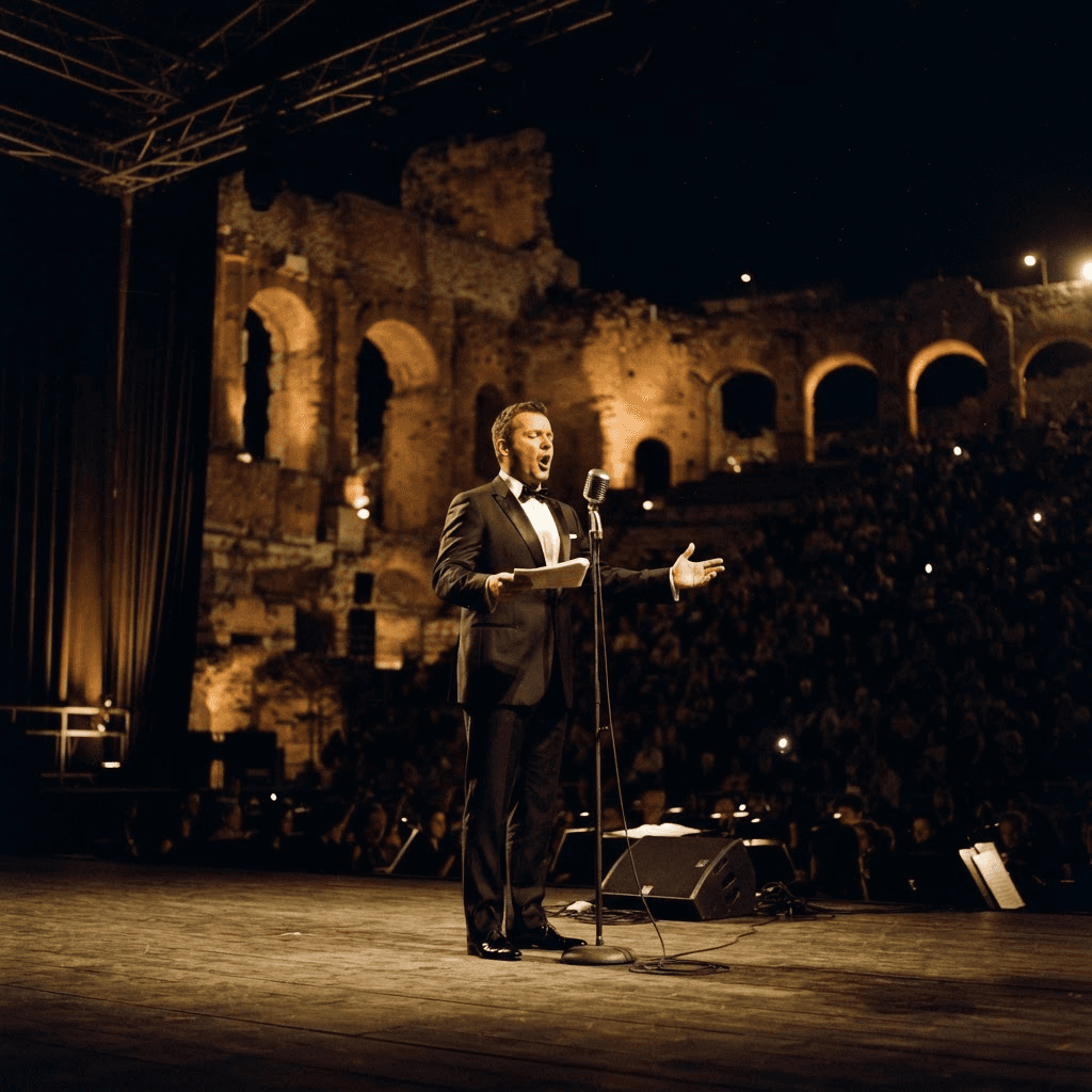 OperaAtlas editorial imagery — a solo tenor in a warm spotlight on a vast amphitheatre stage