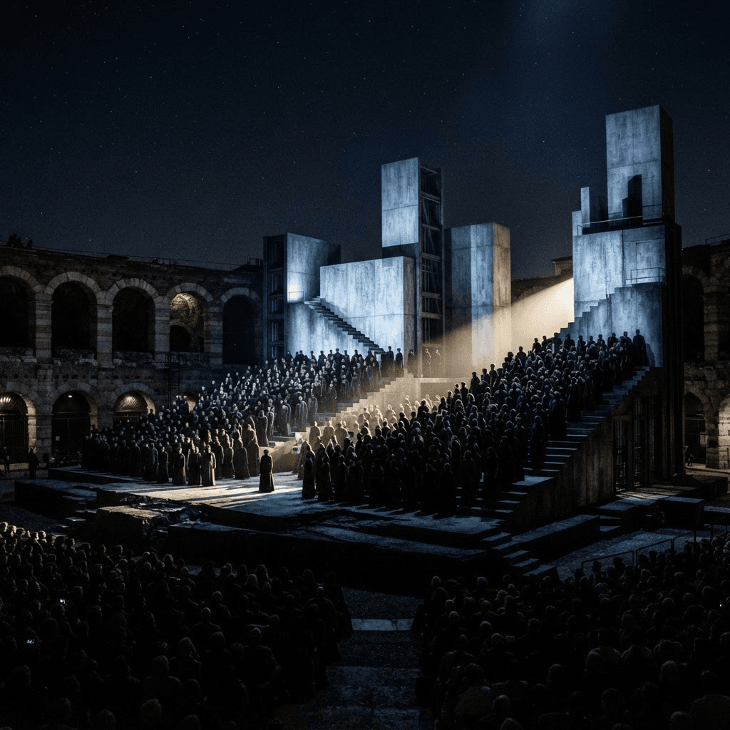 OperaAtlas editorial imagery — a massed chorus in silhouette under stark monumental staging