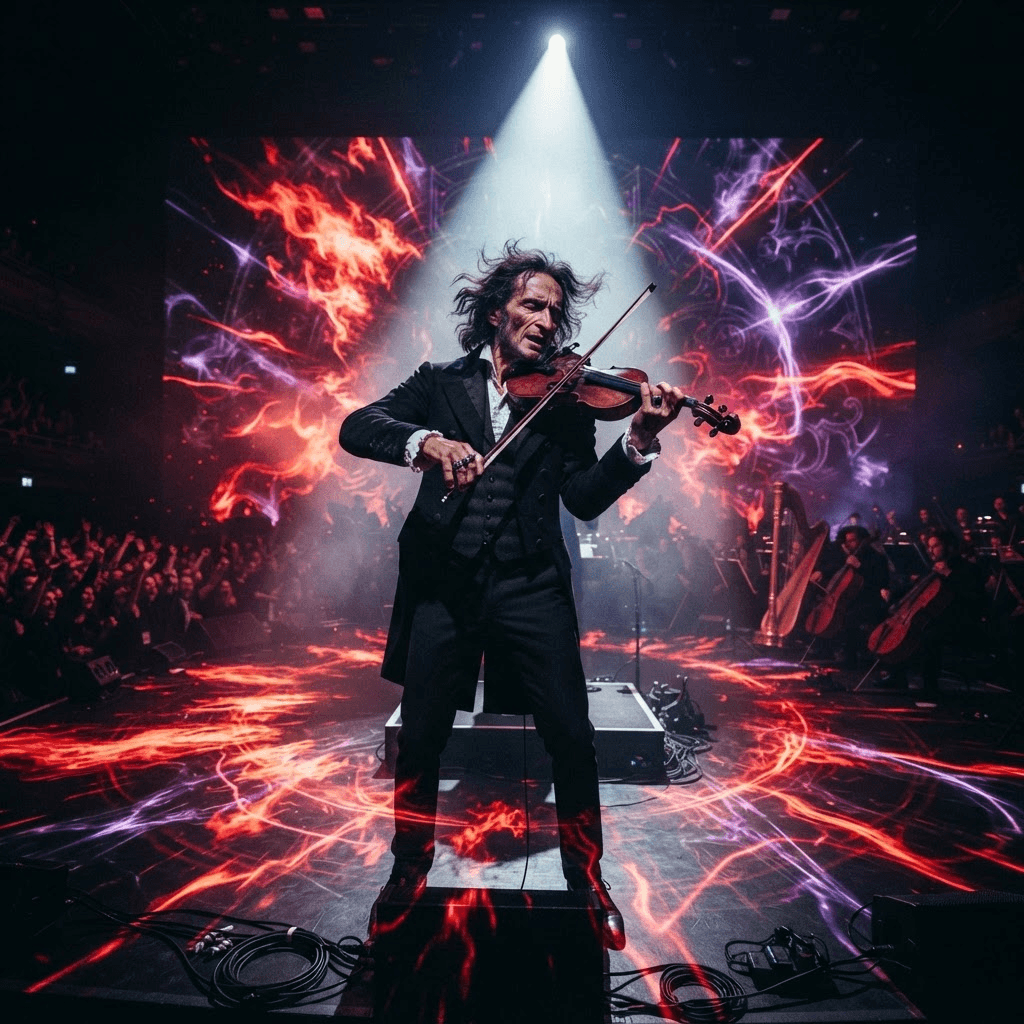 OperaAtlas editorial imagery — a virtuoso violinist in fiery red and violet immersive light