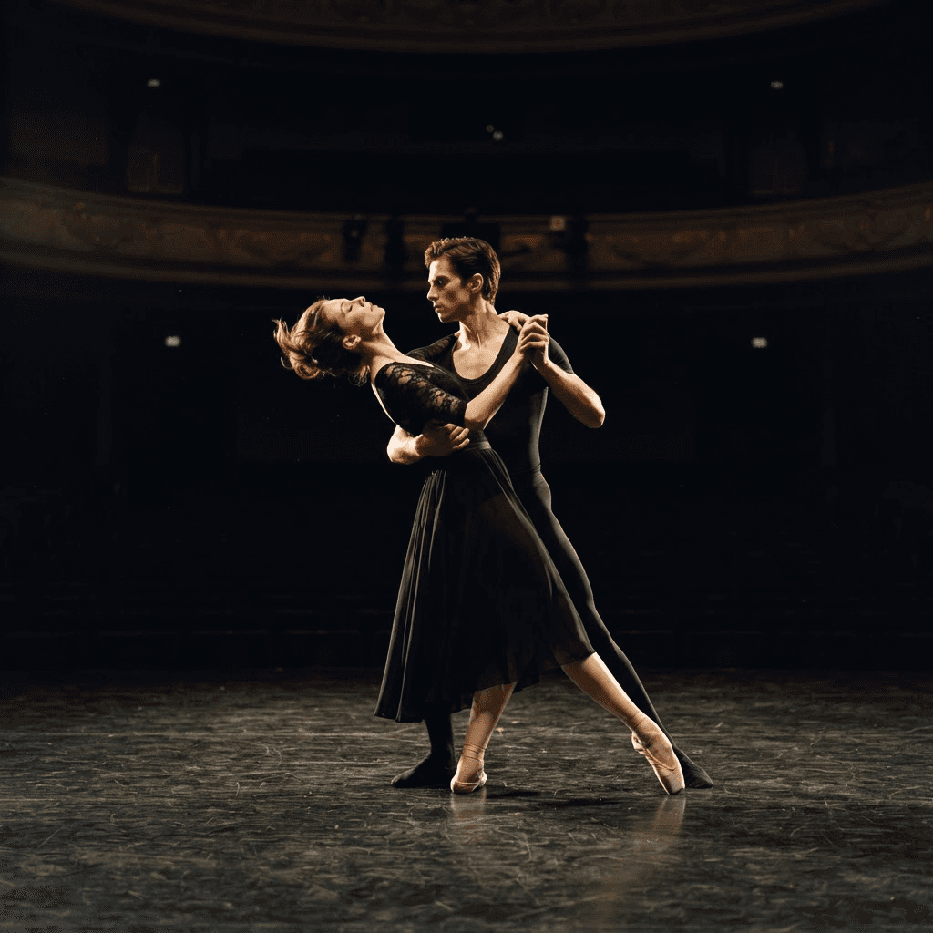 OperaAtlas editorial imagery — two ballet dancers in a spotlit pas de deux