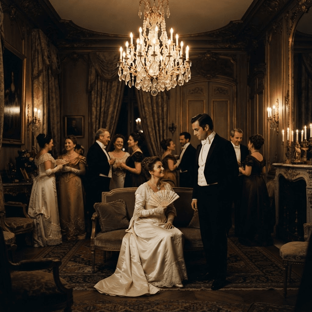OperaAtlas editorial imagery — an opulent salon under warm chandelier light