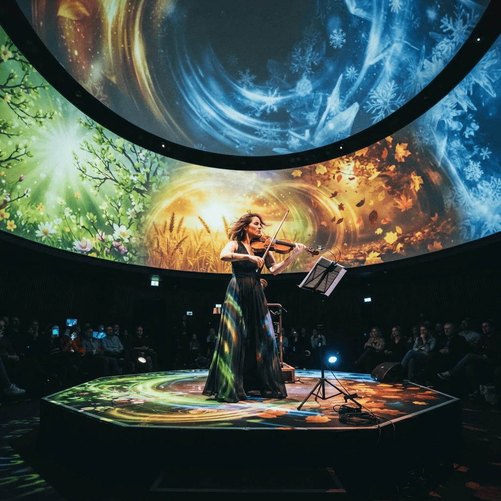 OperaAtlas editorial imagery — a violinist amid sweeping seasonal projected light