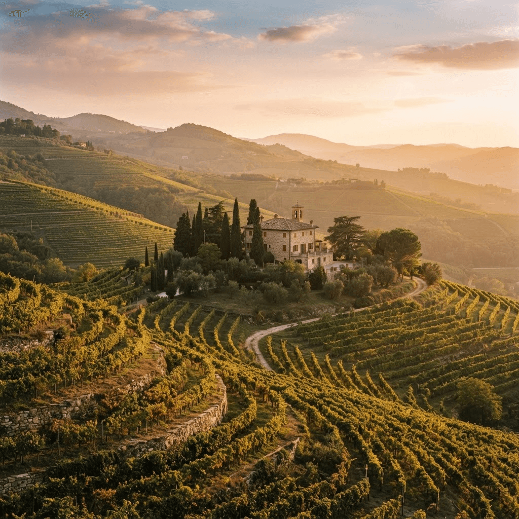 OperaAtlas editorial imagery — the rolling Valpolicella vineyards near Verona at golden hour