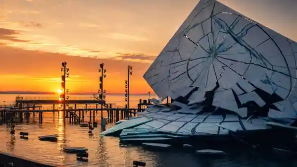 Original OperaAtlas photograph of the Bregenz Seebühne at sunset on Lake Constance