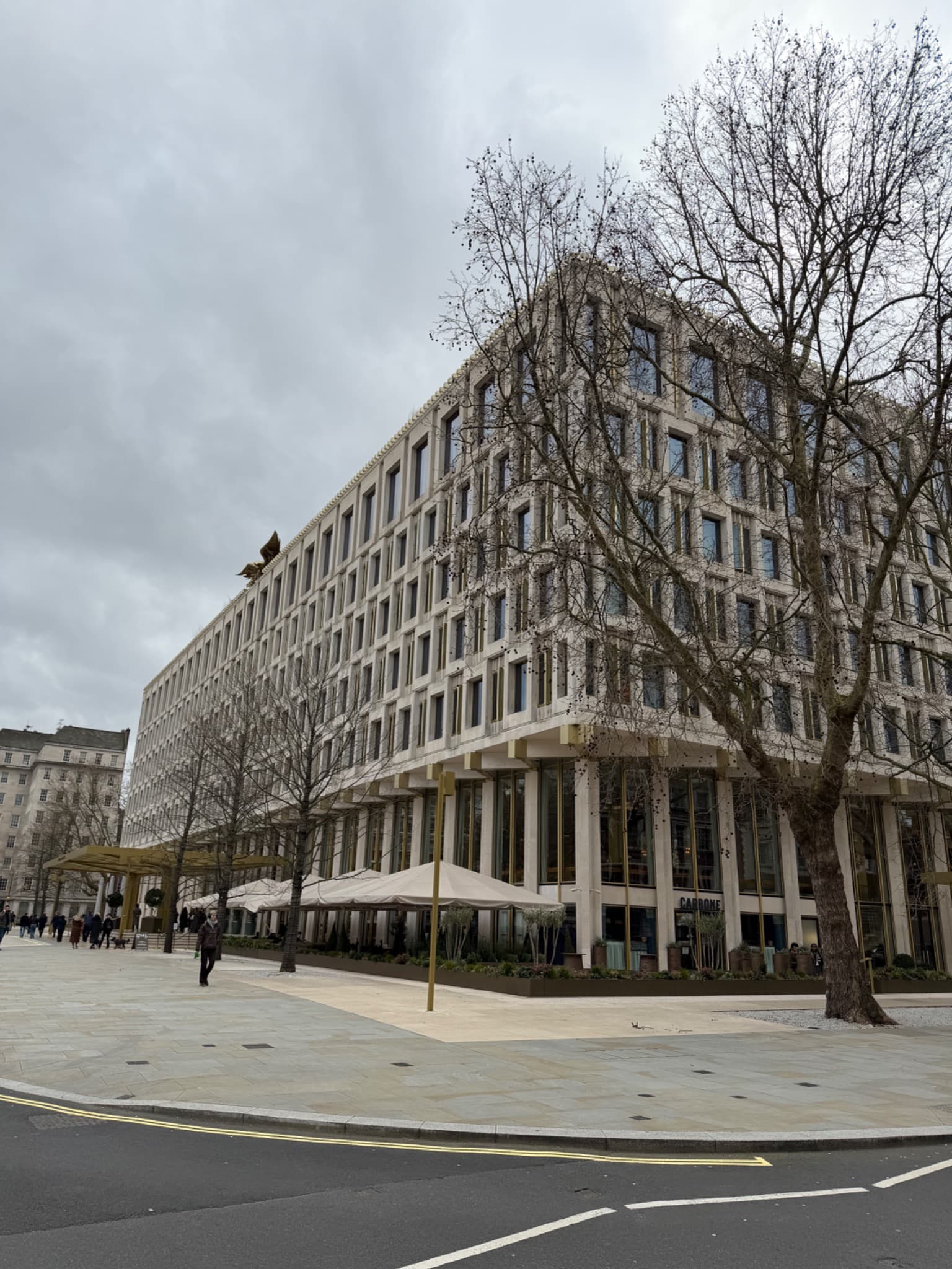 The Chancery Rosewood façade on Grosvenor Square, with its terrace and rooftop eagle