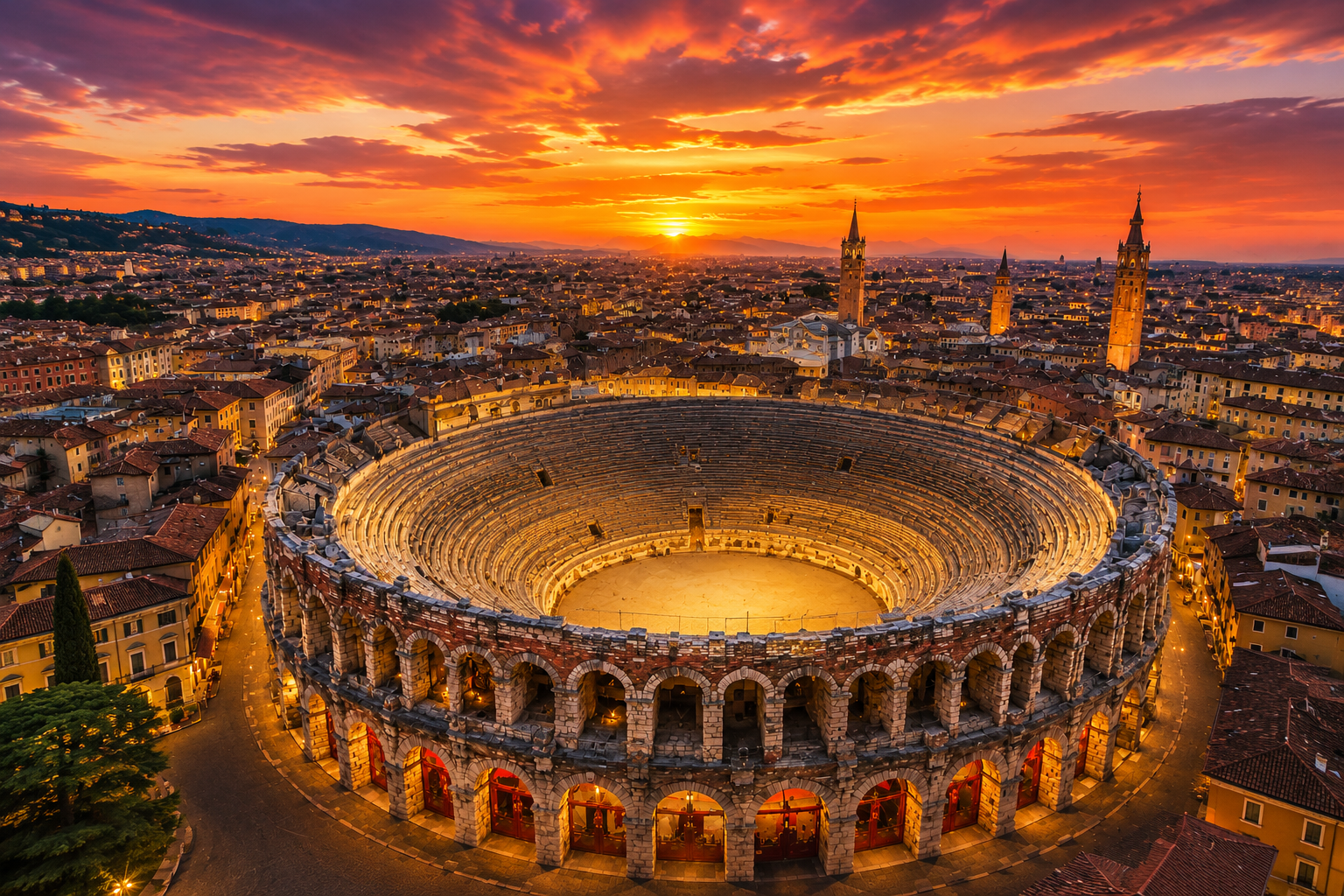 Arena di Verona glowing at sunset above the historic city