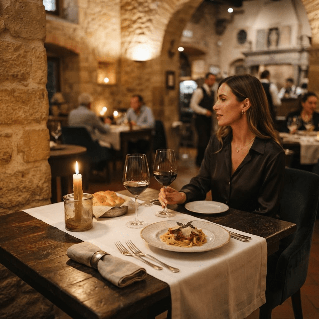 Opera Atlas editorial imagery — a candlelit dining table before an evening performance