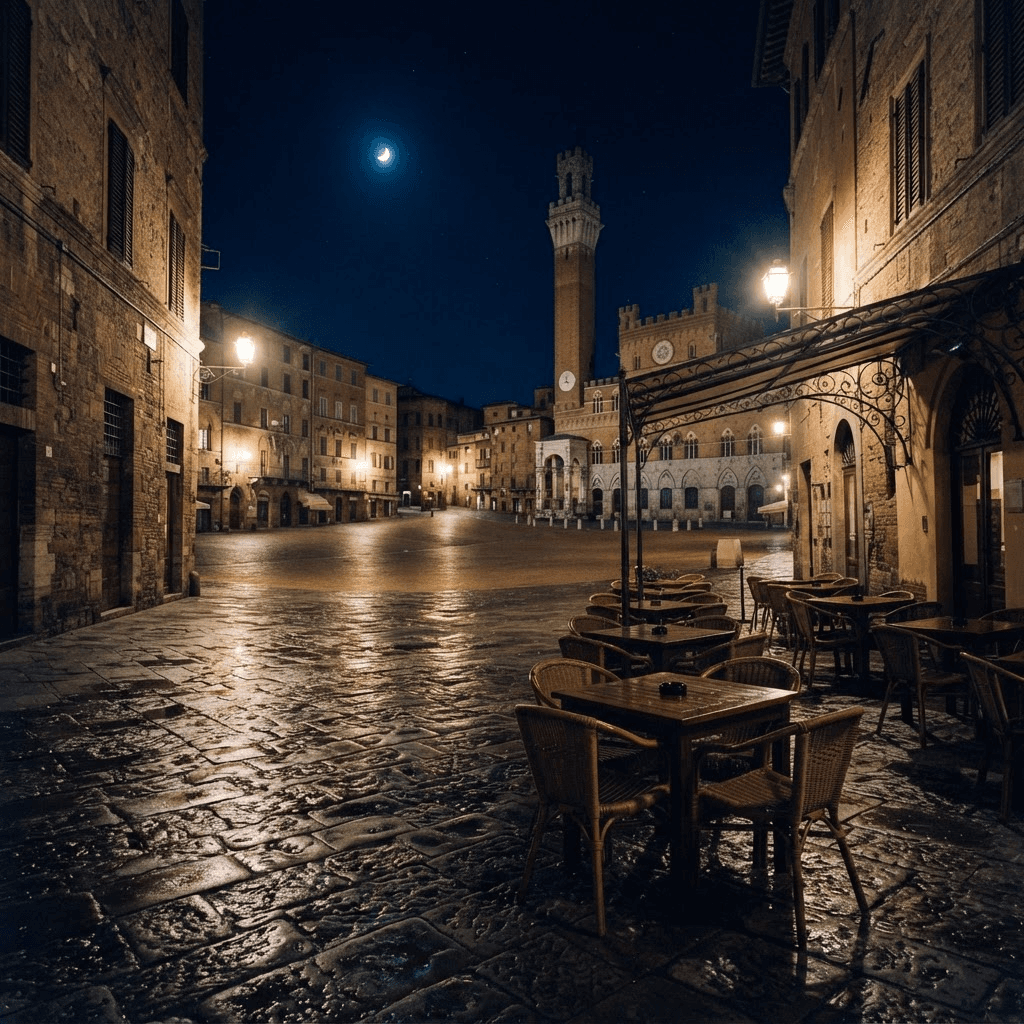 Opera Atlas editorial imagery — a quiet city square after a performance