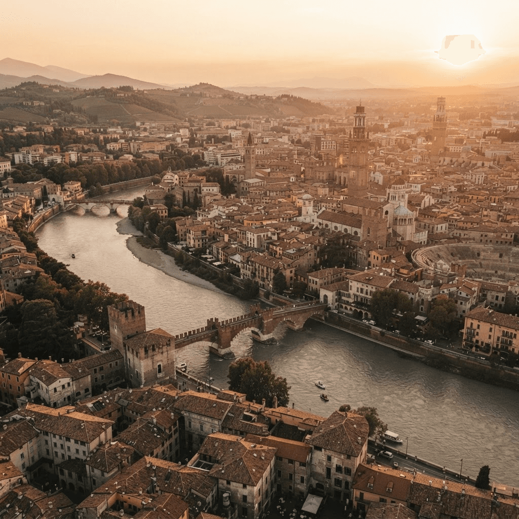 OperaAtlas editorial imagery — Verona's terracotta rooftops and the Adige river at golden hour