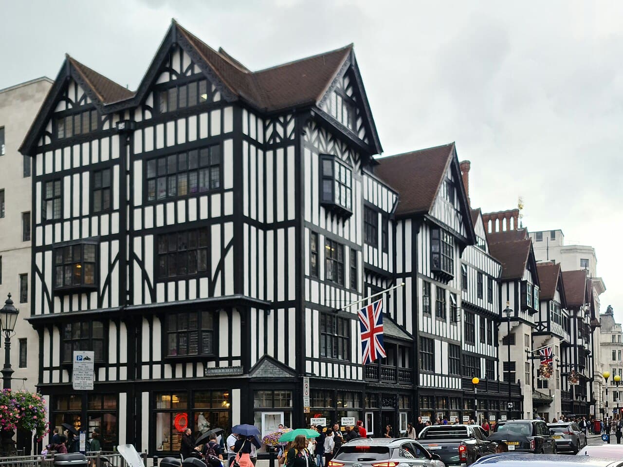 Liberty’s black-and-white timbered storefront on Great Marlborough Street, with gabled roofs and Union flags