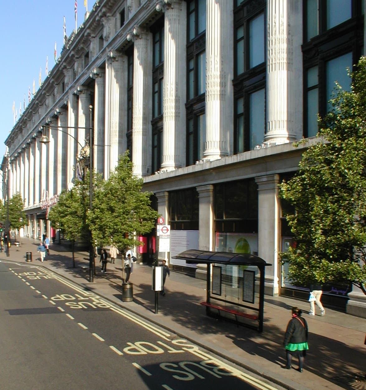 The columned Oxford Street façade of Selfridges department store in London